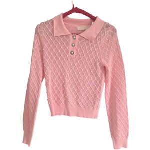 Lizette Collection‎ Pink Pearl Embellished Collared Knit Sweater Top